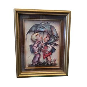 Vintage Boy Girl Umbrella Framed Print Retro Nursery Storybook Wall Art 60s 70s